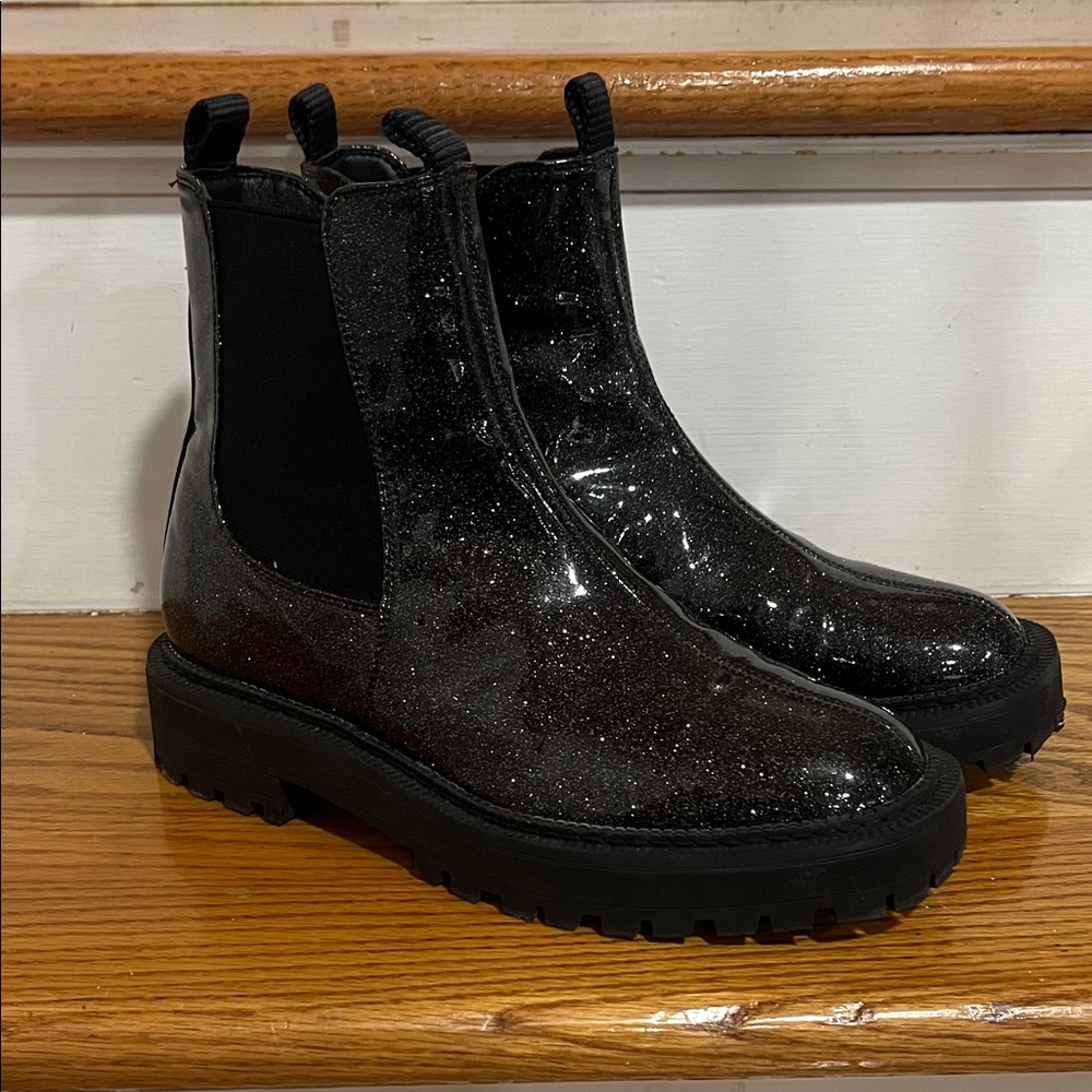 SAM EDELMAN Girls Black Glitter Patent Booties. Size 4 (GS)
